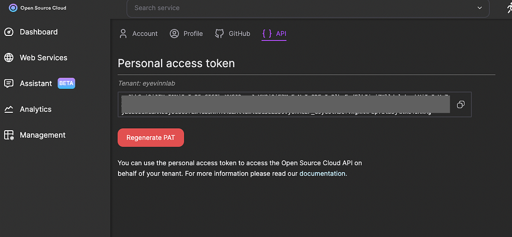 Open Source Cloud settings page showing the personal access token for the tenant