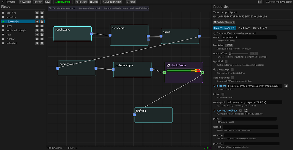 Strom flow editor: a GStreamer flow wiring an HTTP audio source through decoding, conversion and an audio meter, with element properties in a side panel