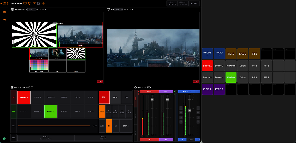 Open Live Studio in a browser: multiviewer, program output, switcher controller and audio mixer, next to a matching Stream Deck button layout