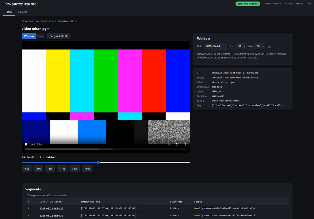TAMS gateway inspector playing back a recorded vision mixer flow in a ten-minute window, with flow metadata and a list of segments