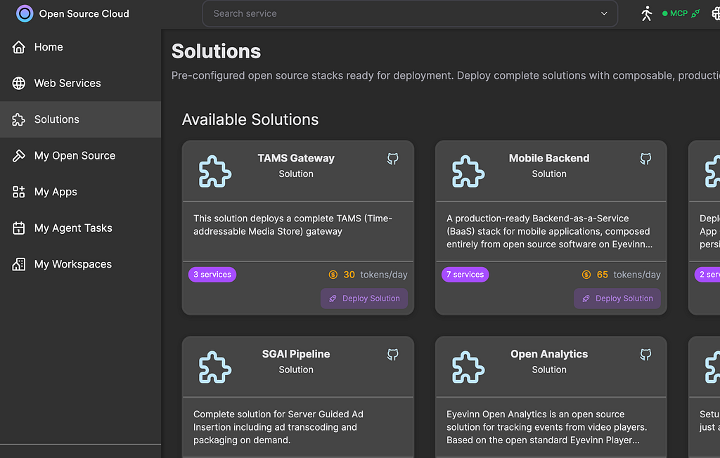 Open Source Cloud Solutions page with the TAMS Gateway solution card and its Deploy Solution button