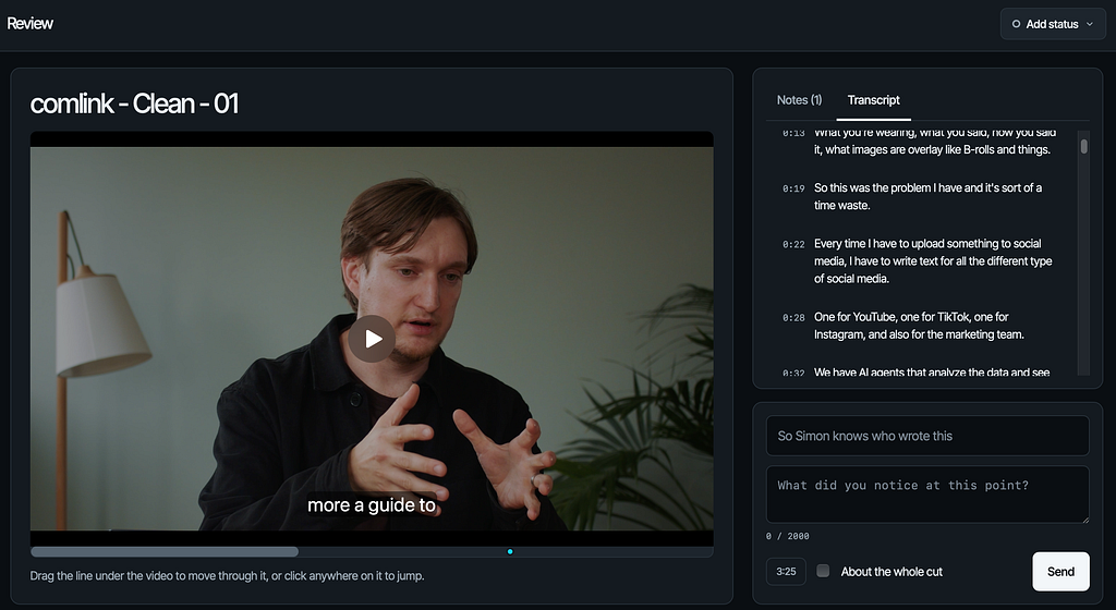 Screenshot of the pipeline’s review page: a paused video clip of a man speaking, with a timestamped transcript panel and a comment box beside it.